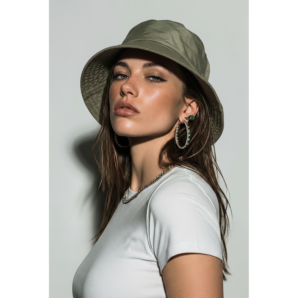 Janessa Leone Revolve Nylon Bucket Hat Womens Small Olive Green Minimalist USA